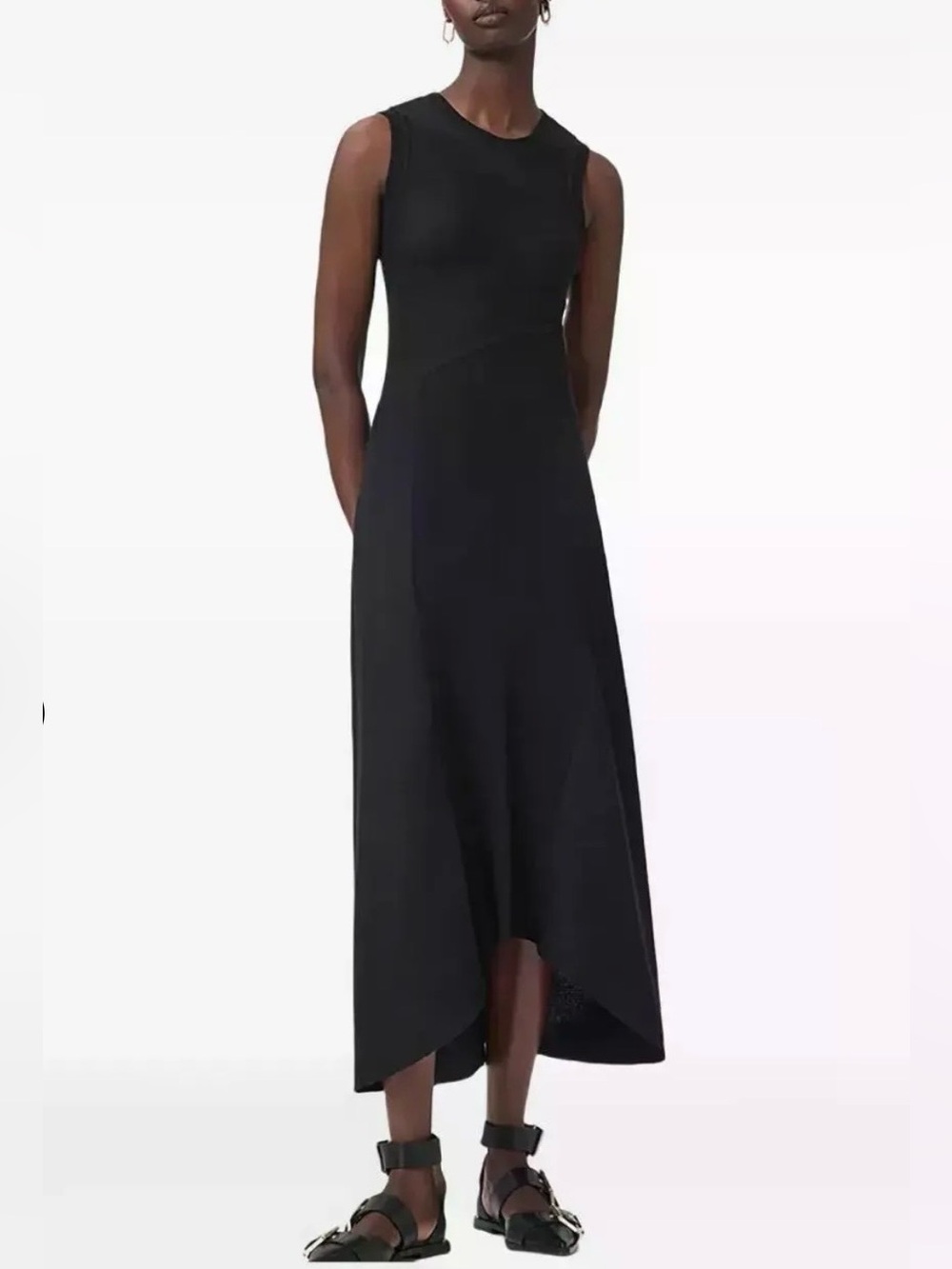 ALL SAINTS Gia Asymmetric Ribbed Knit Sleeveless Black Midi Dress XS